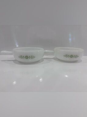 Vtg White Milk Glass Soup Cereal Bowls w/ Handles USA Green & White(2)